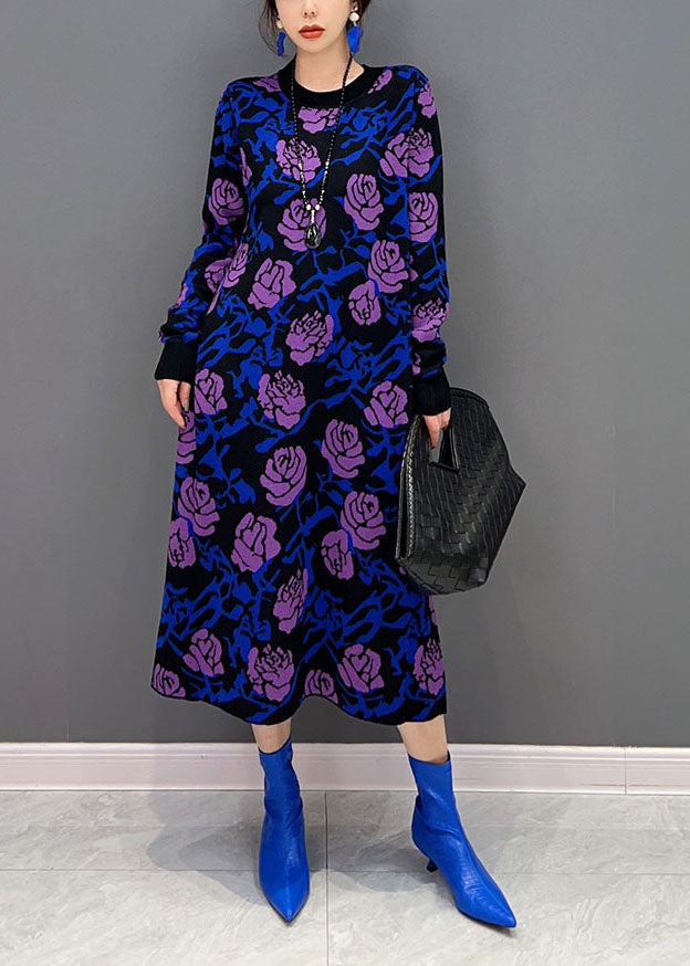 VCSHOES Purple Rose Print Slim Fit Knit Long Dress Spring