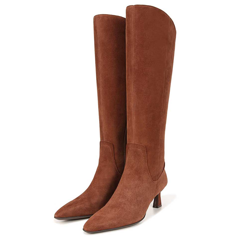 Brown Faux Suede Almond Toe Kitten Heel Knee-High Boots Nicepairs