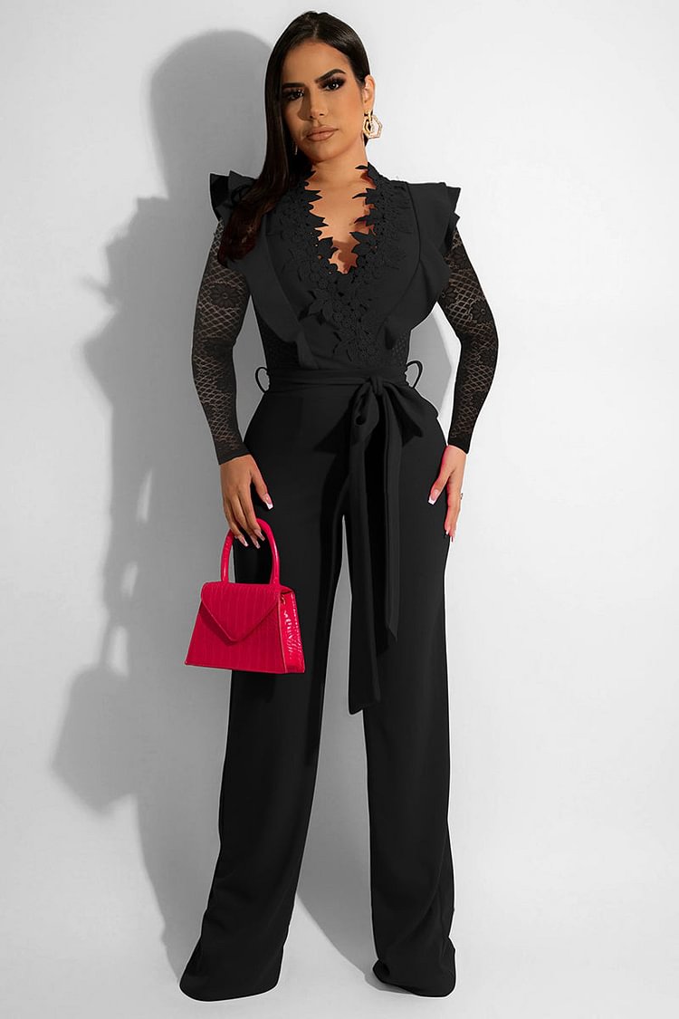 V Neck Lace Knotted See Through Jumpsuits