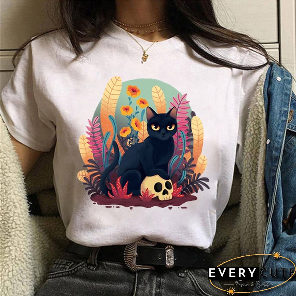 Cute Cat Print T-shrits For Women Summer Short Sleeve Round Neck Cute Loose T-shirt Creative Personalized Ladies Tops