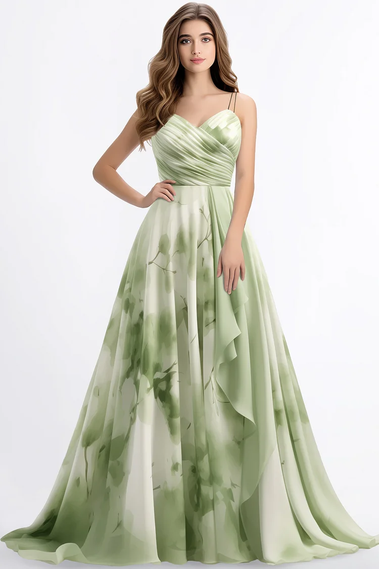 Zaruci Wedding Guest Green Chiffon Floral Print Wrap Pleated Maxi Dress [Pre-Order]