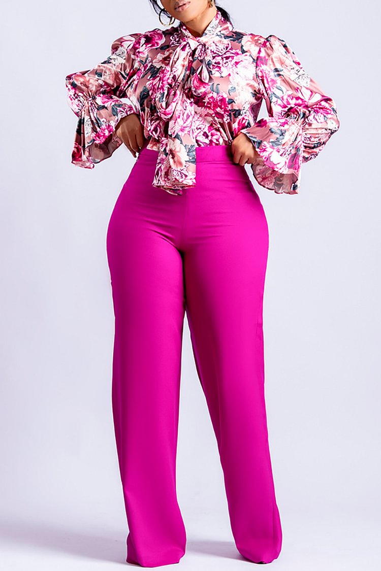 Xpluswear Plus Size Daily Printed Long Sleeve Tie Shirt Wide Leg Pants Two Pieces Pants Set 