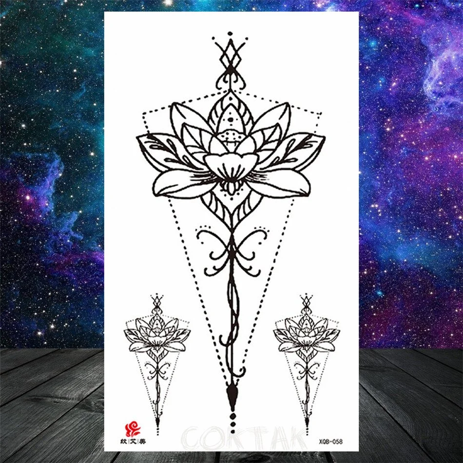 Lotus Flower Temporary Tattoo For Women Girls Snake Peony Lily Rose Chains Tattoos Sticker Black Blossom Fake Transferable Tatoo