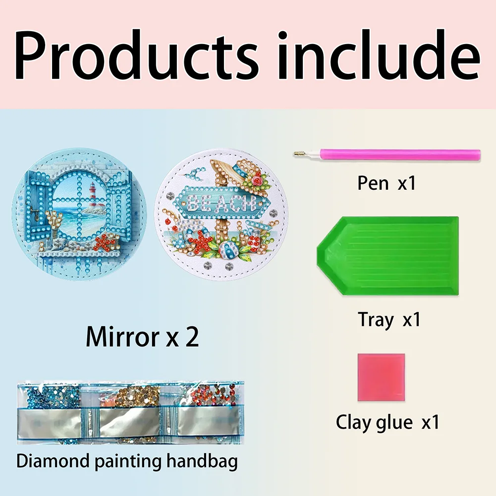 DIY Diamond Art Portable Cosmetic Mirror Home Diamond Painting Crafts (Beach)