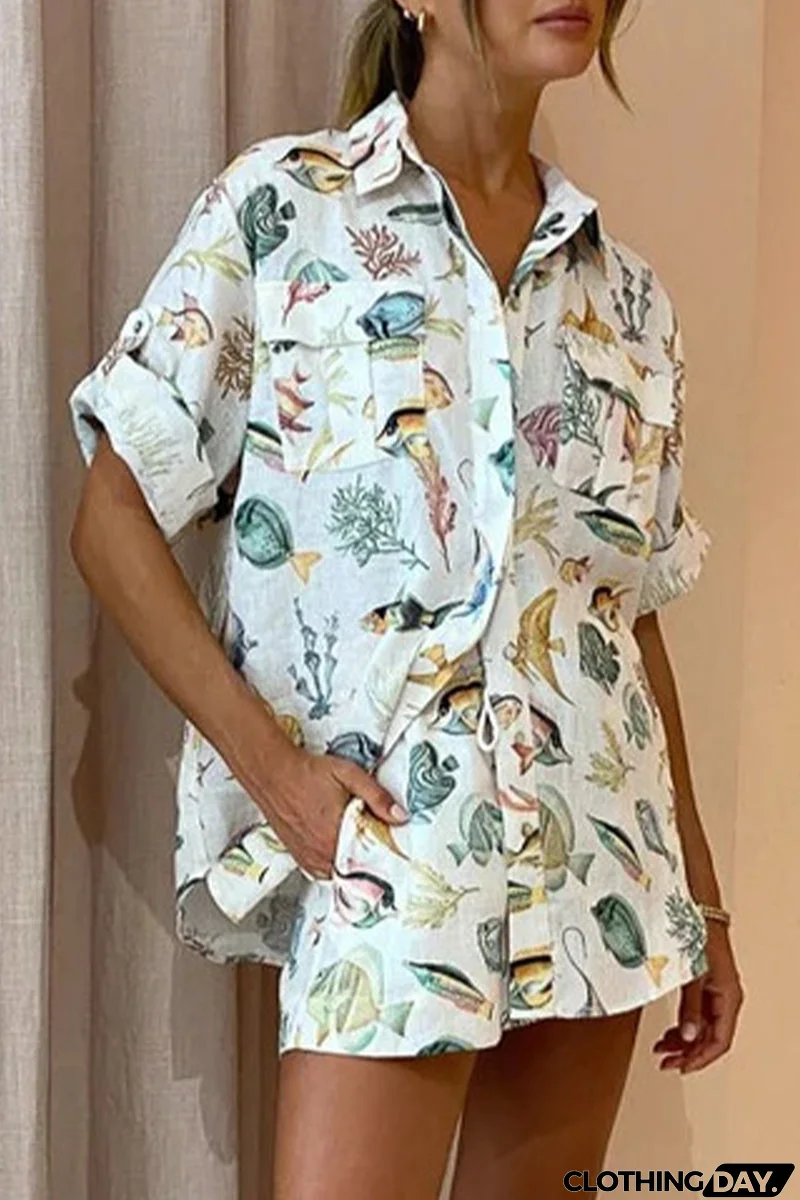 Casual Vacation Print Animal Pocket Turndown Collar Short Sleeve Two Pieces