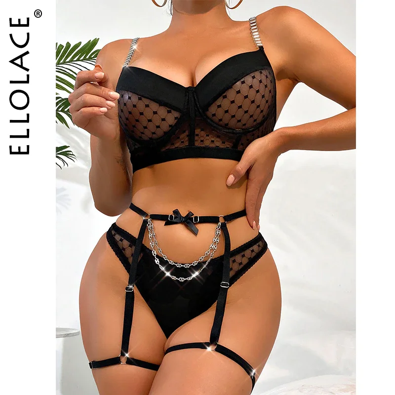 Billionm Ellolace Sexy Lingerie For Women Luxury Erotic Underwear 3-Piece Transparent Bra And Panty Set Lace With Chain Garters Intimate