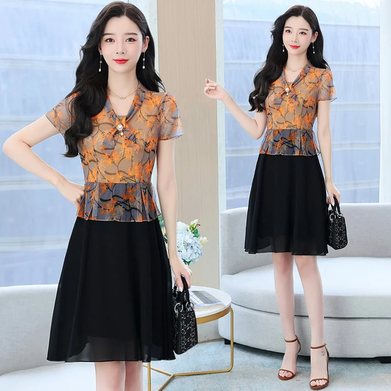 Ueong Mother Summer Dress Western Style Short-Sleeved Dress Middle-Aged And Old Women New Middle-Aged Temperament Dress 50 Mother's Day