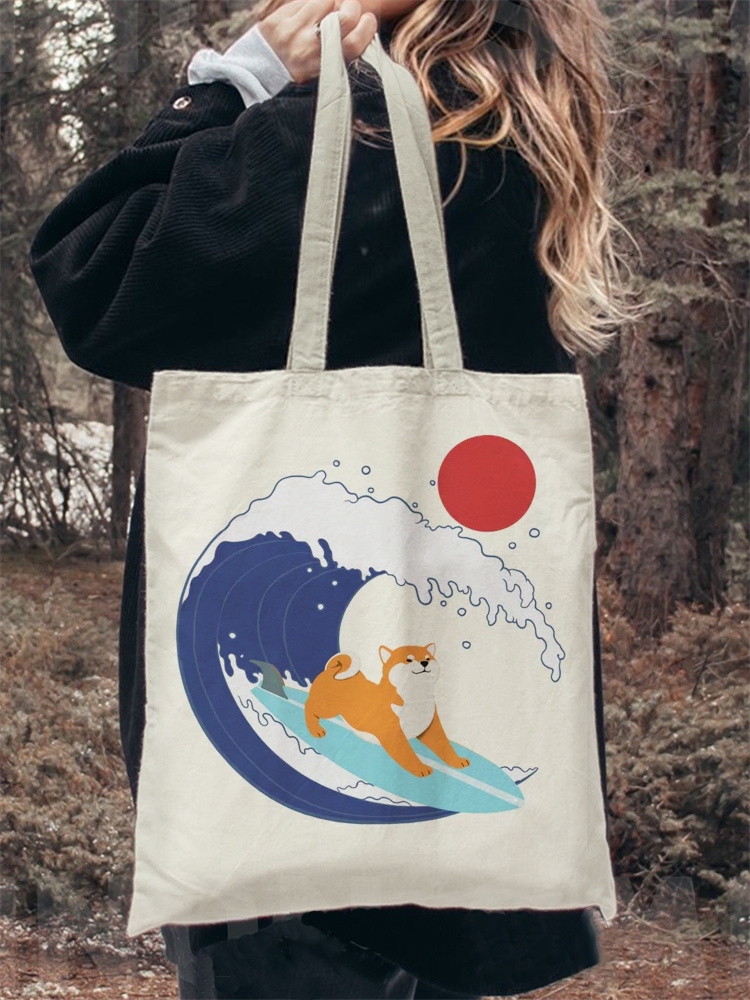Comstylish Japanese Art Dog Print Washed Canvas Bag