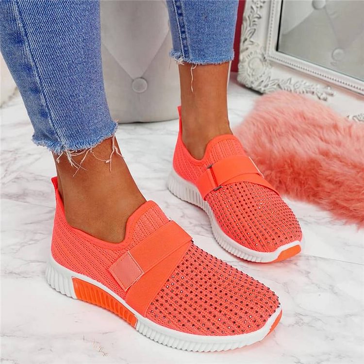 Women Fashion Bling Rhinestones Flyknit Fabric Slip On Breathable Platform Sneakers