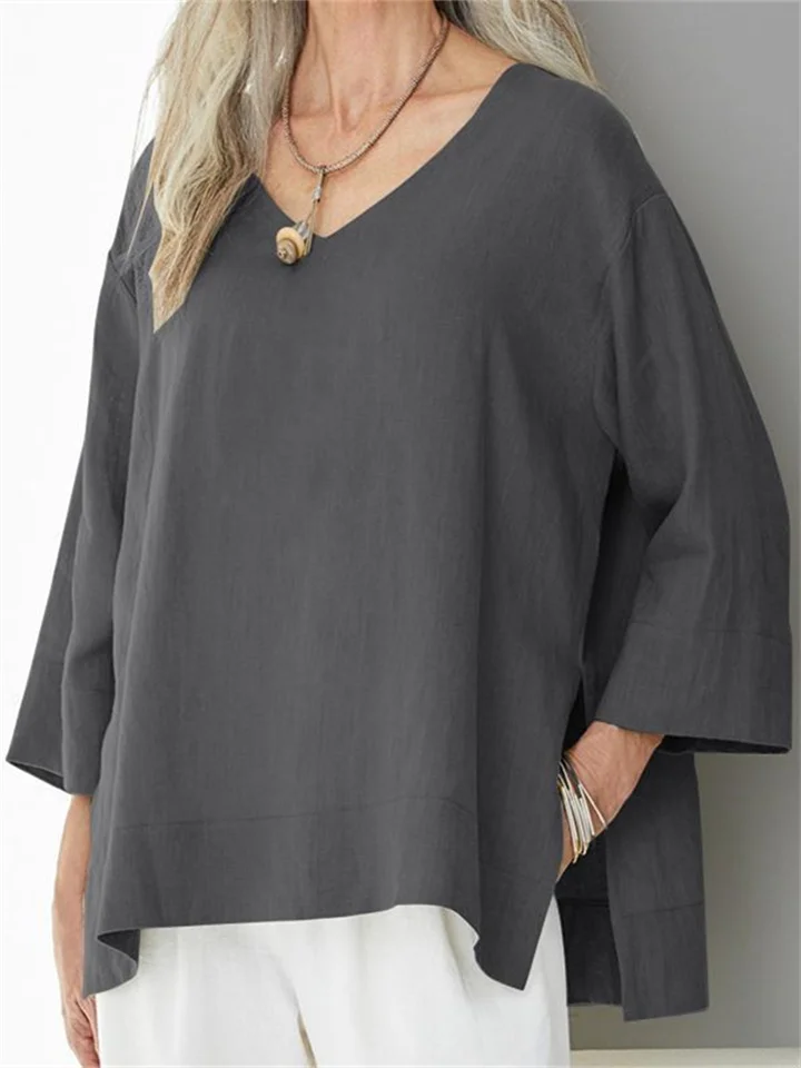 Women's V-neck Cotton Shirt Blouse Seven-quarter Sleeve Side Slit Loose Large Size T-shirt-Cosfine