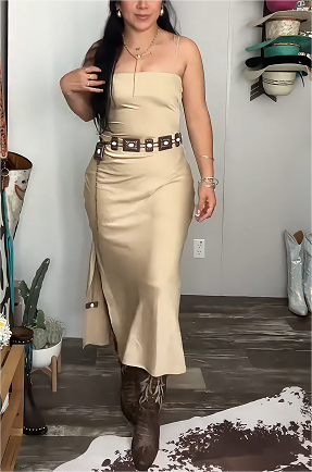 Vintage Gold Side Slit Suspender Dress
