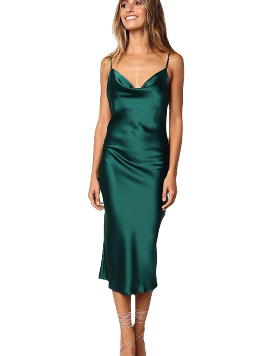 Sexy Satin Dress Spaghetti Strap Deep V-Neck Cocktail Evening Party Dress