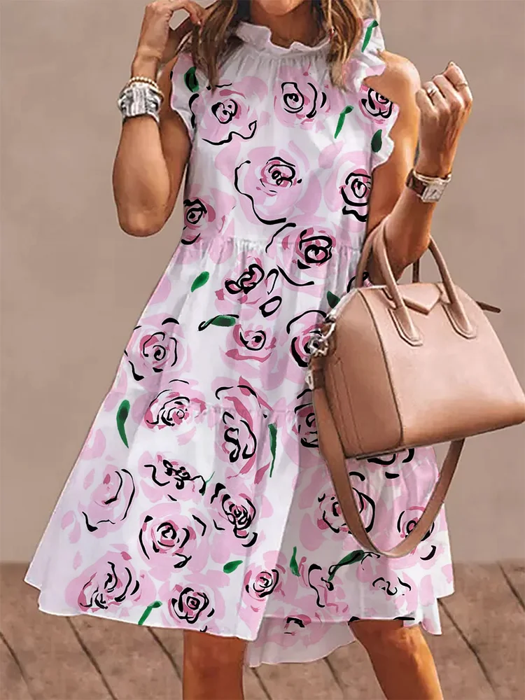 Women's Pink Floral Print Sleeveless Dress socialshop