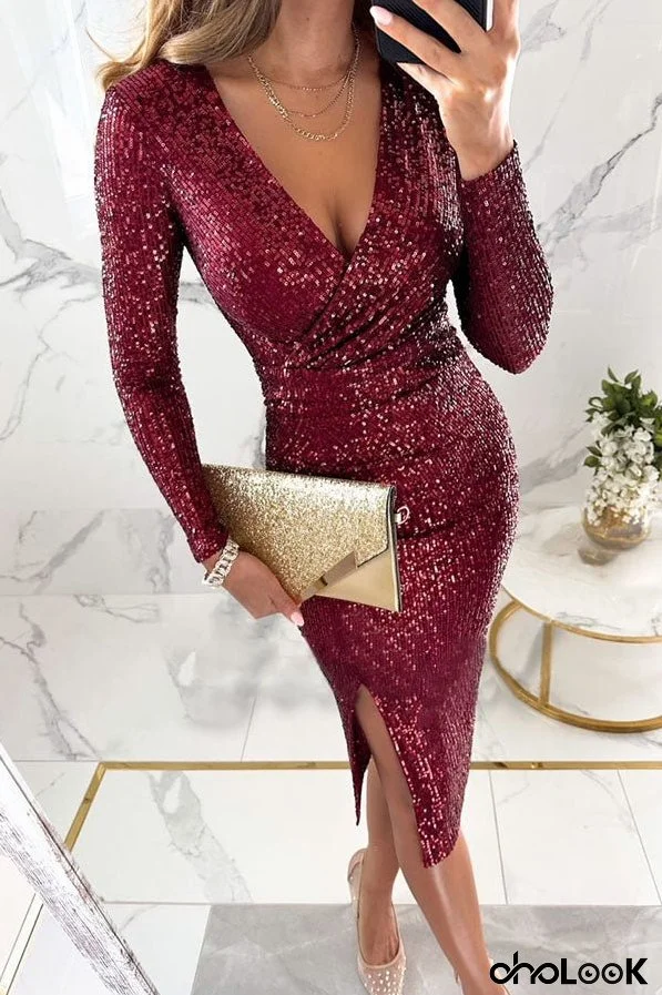 Main Character Sequin Long Sleeve Side Slit Midi Dress