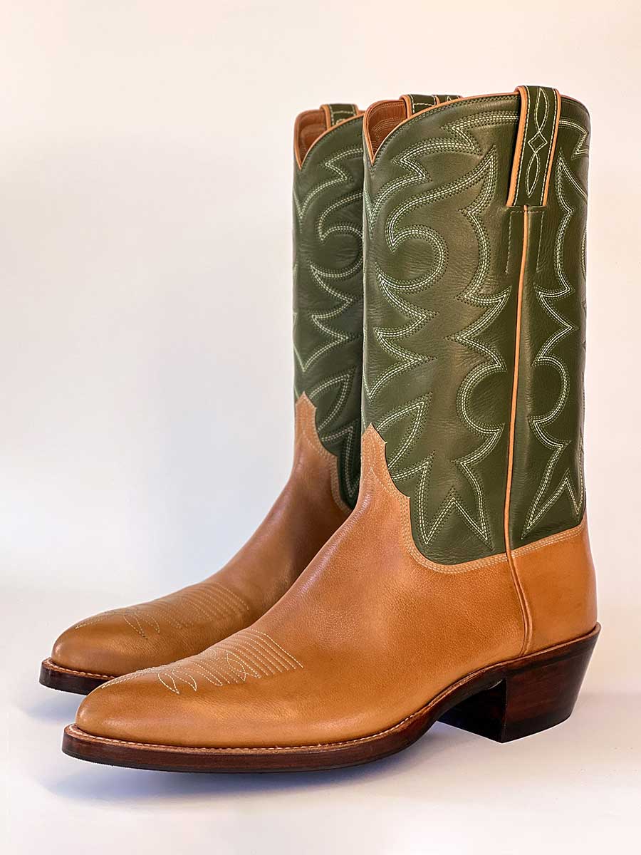 Green & Tan Almond Toe Chunky Heel Stitching Mid-Calf Cowgirl Boots