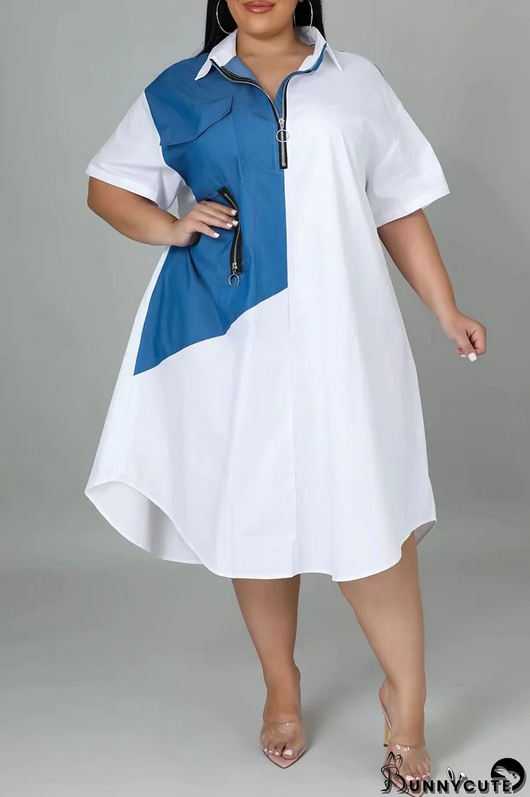 White Casual Solid Patchwork Zipper Collar Straight Plus Size Dresses