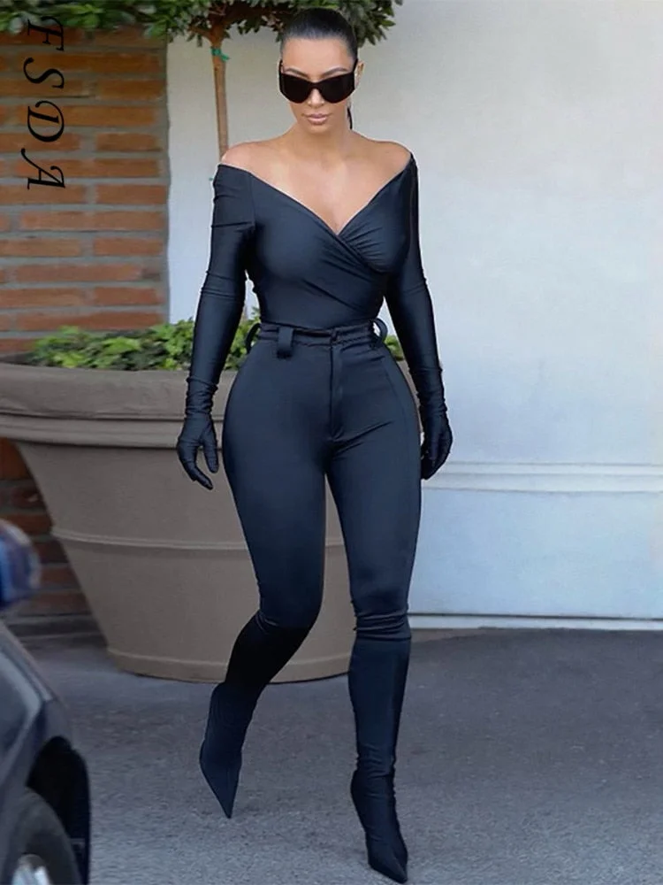 Off Shoulder 2022 Autumn Winter Long Sleeve Bodysuit Bodycon Women Sexy Black V Neck Casual Body Tops Party Y2K