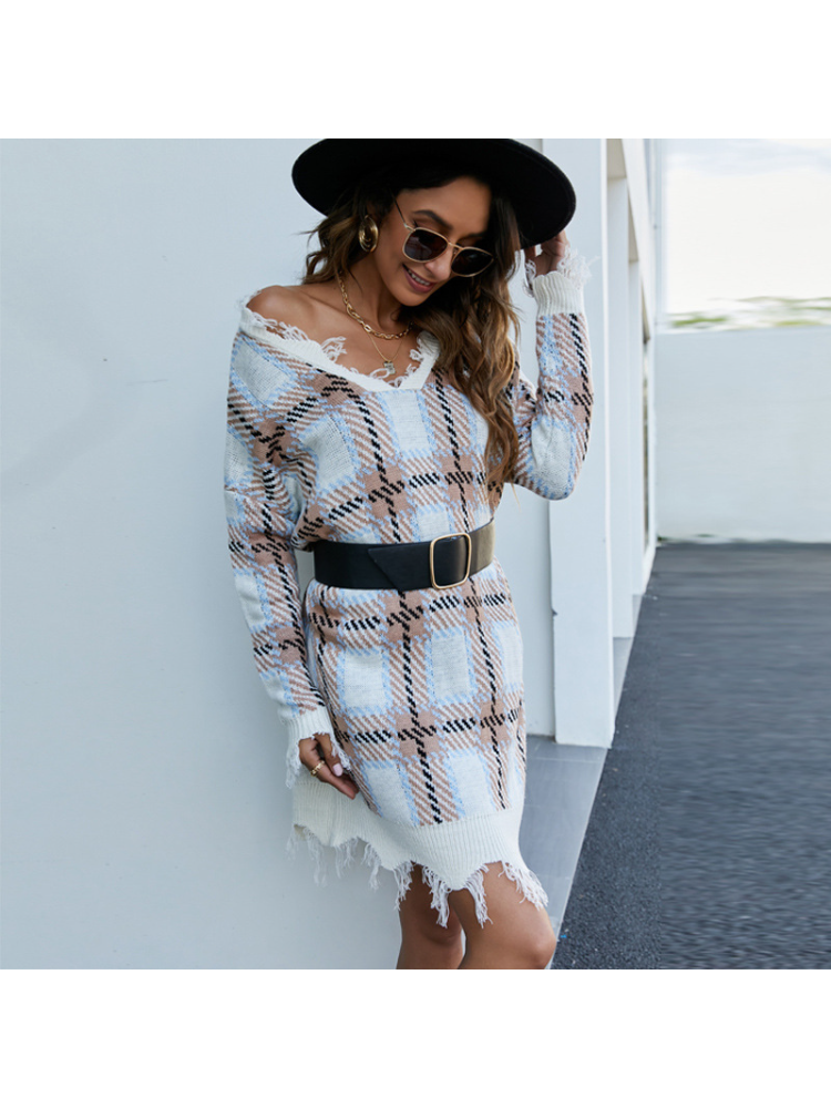 Tassel Pullover Sweaters Vintage V-Neck Plaid Bottom Long Sleeve Casual Knitted Dress