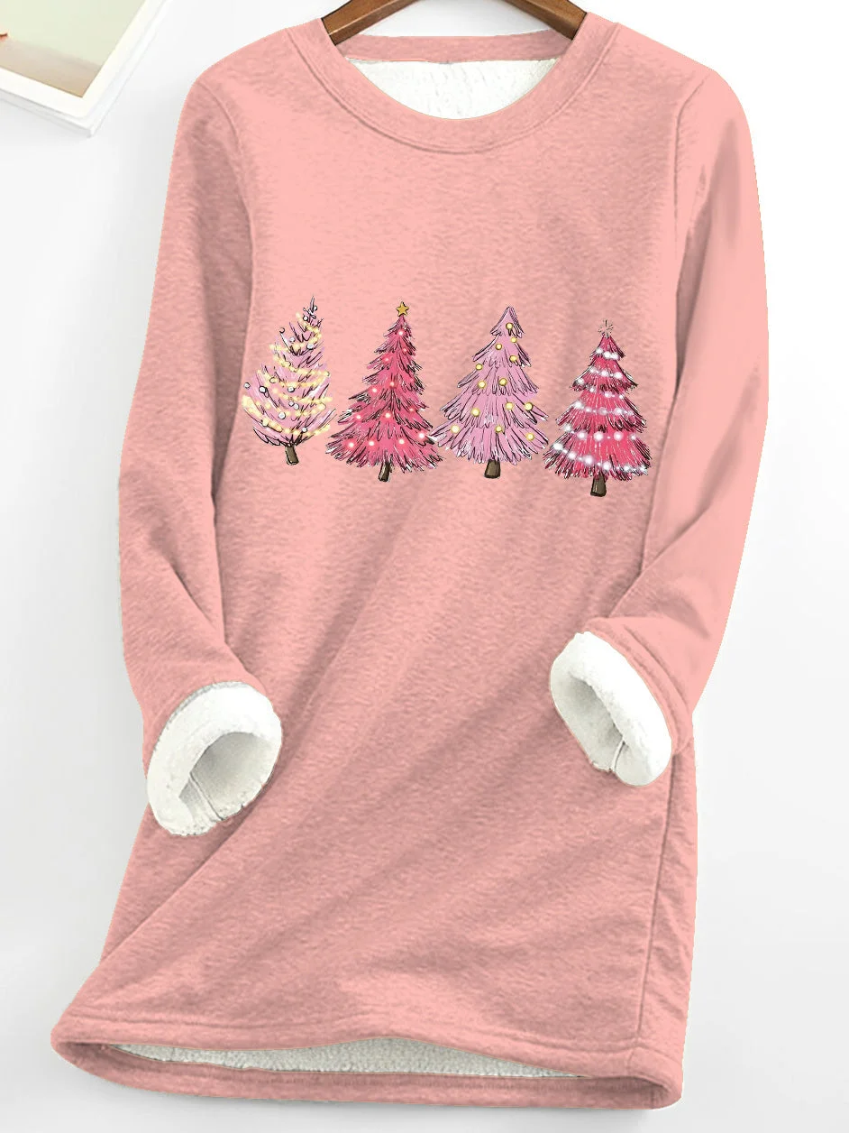 Christmas Tree Print Fleece Long Sleeve Top