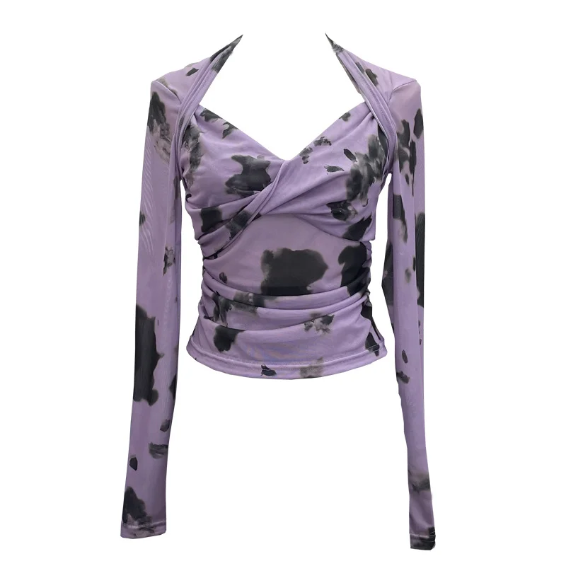 Uveng Explosion Tie-Dye-Print Long Sleeve Bottom Sexy Hottie V-Neck T-Shirt Folded Slimming Mesh Yarn Top 8929