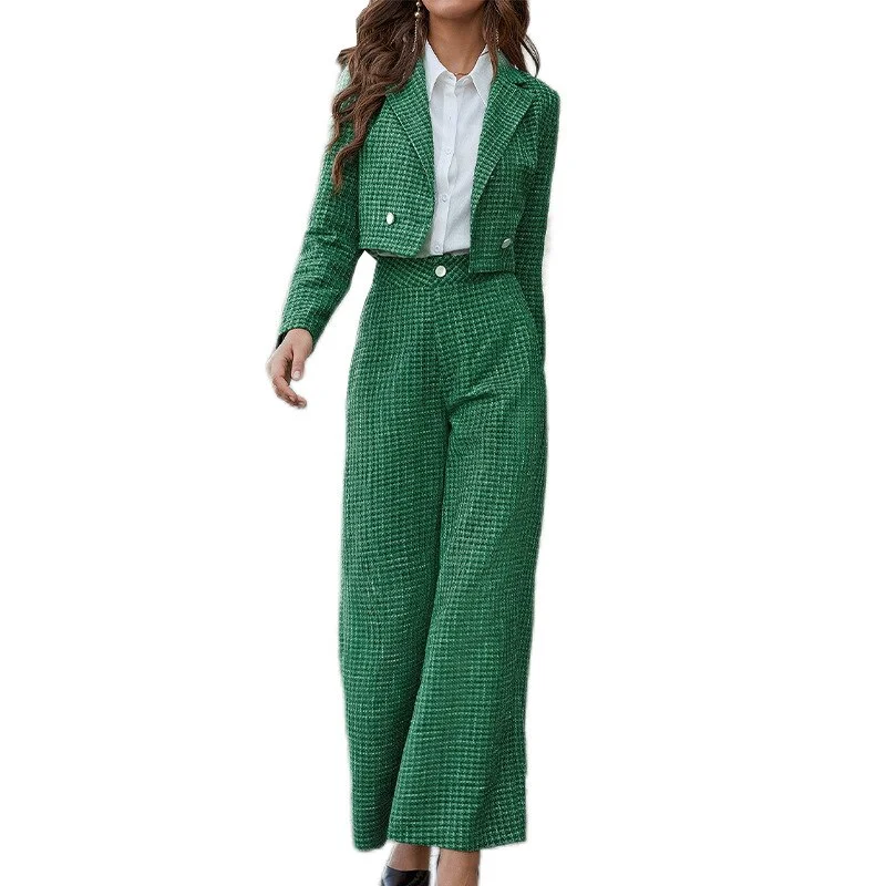 Jangj Long Sleeve Elegant Blazer 2 Piece Sets Women Outfit Solid Color Winter Fashion Urban Green Plaid Women Suit 2022 New