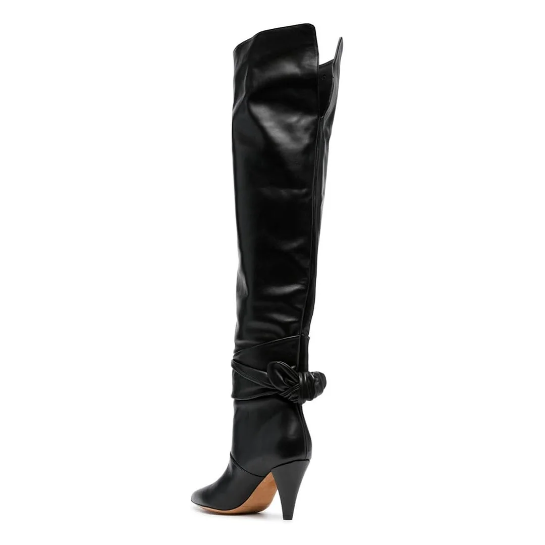 Black Cone Heel Pointed Toe Knotted Strappy Over The Knee Boots