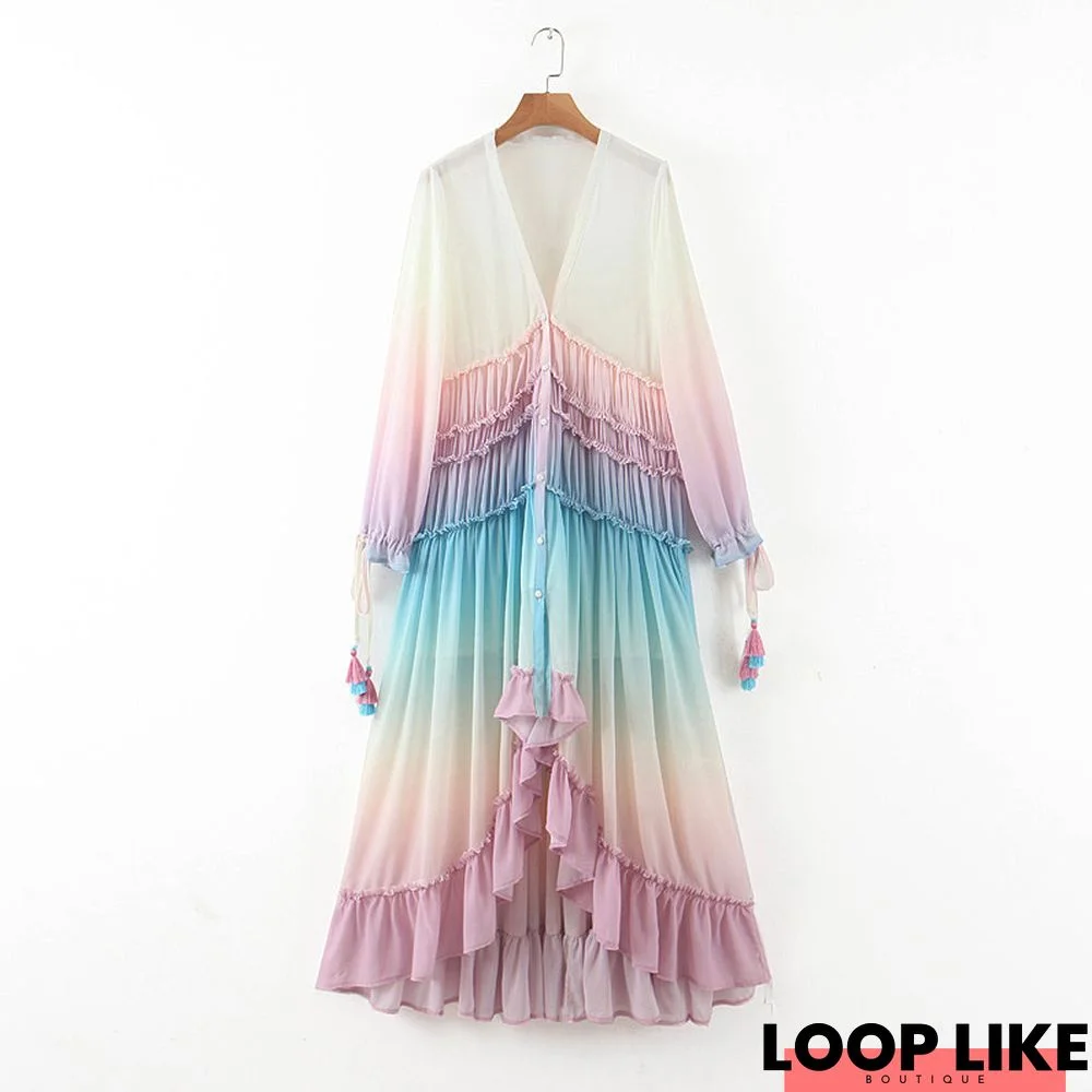 Deep V Long Sleeve Gradient Printed Dress Long Skirt