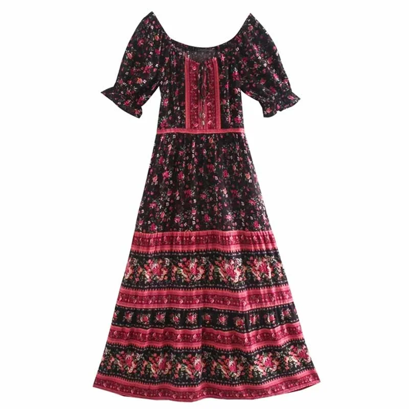 Boho Inspired cherry pink dresses for women cotton long summer dress bohemian style button with belted waist holiday women dress