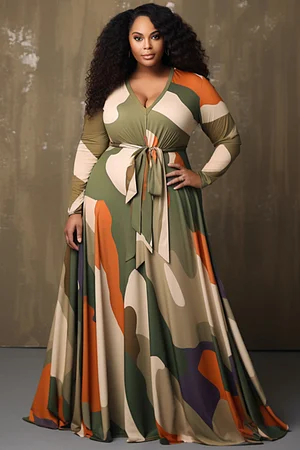 Xpluswear Design Plus Size Daily Army Green Camo V Neck Long