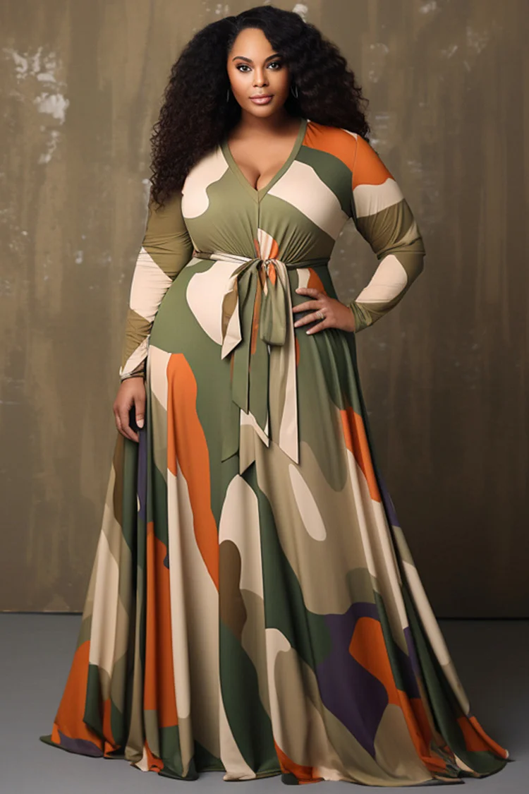 Xpluswear Design Plus Size Daily Army Green Camo V Neck Long Sleeve Wrap Casual Pocket Maxi Dresses 2024 - Xpluswear