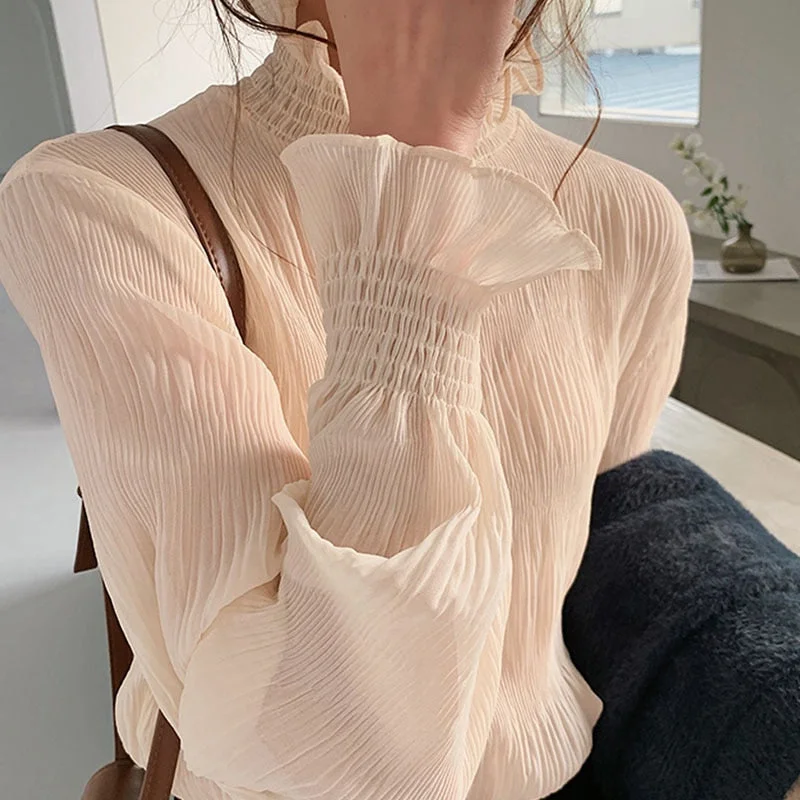2021 Spring New Pleated Women Shirts Fashion Office Lady Chiffon Blouse Women Stand Collar Flare Sleeve Solid Female Tops 9542