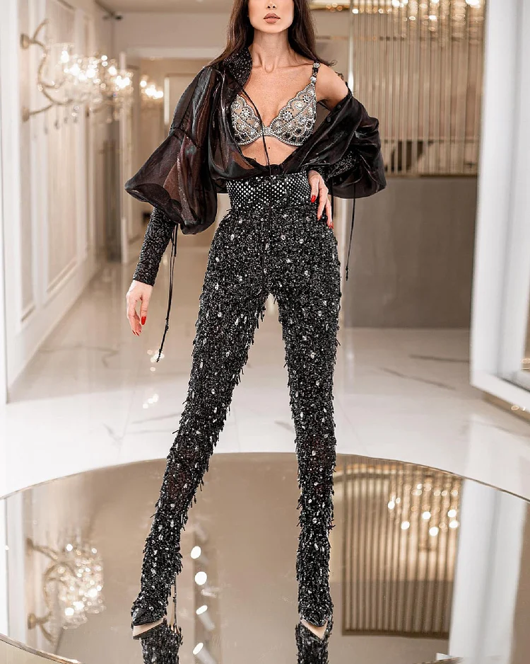 Cocktail Party Tulle Shirt Sequined Slim Fit Pantsuit