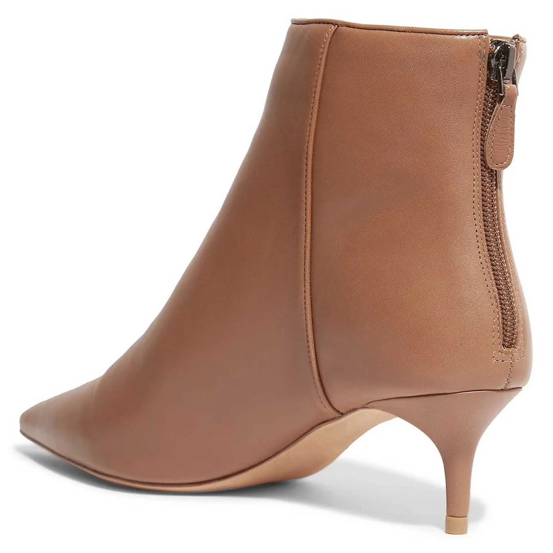 Women's Vegan Leather Pointed Toe Back-Zip Kitten Heel Boots in Brown