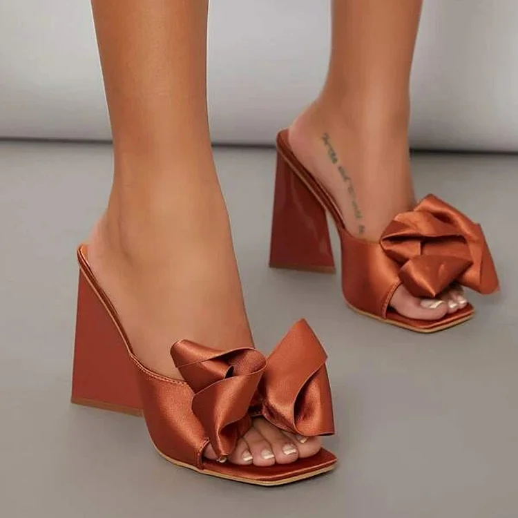 Orange-brown Bow Heels Square Toe Sandals Women's Wedge Heel Shoes |FSJ Shoes