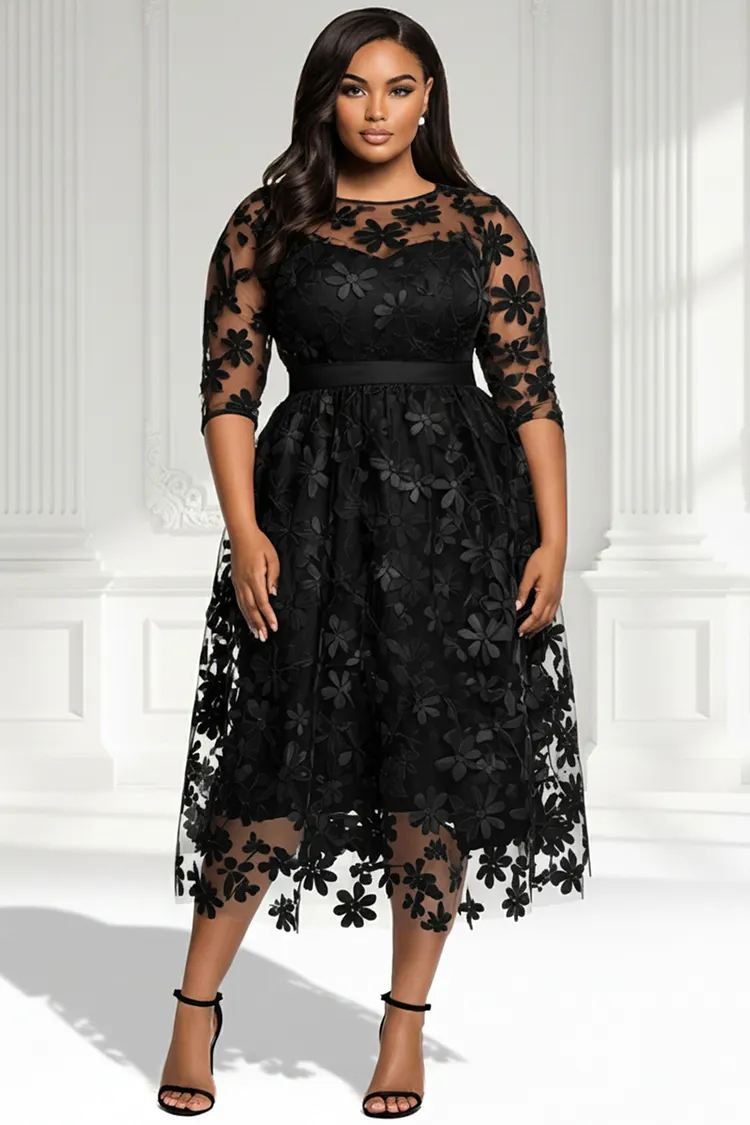 Xpluswear Design Plus Size Cocktail Party Elegant Black Round Neck Half Sleeve See Through Tulle Midi Dresses [Pre-Order] 2024 - Xpluswear