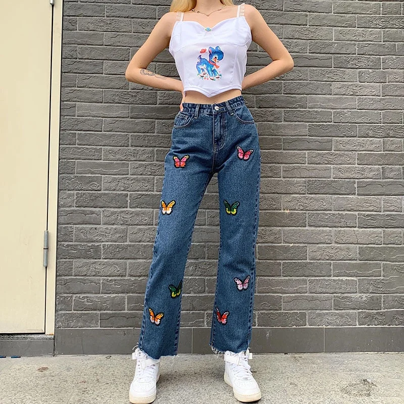 Weekeep Butterfly Embroidery Women Jeans High Waist Streetwear Casual Pants Fashion Straight Trousers Summer 2k Jeans Harajuku
