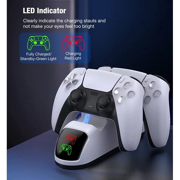 DinoFire PS5 Charger Station with LED Indicators, PS5 Controller Charger for Dual Fast Charging & AC Adapter