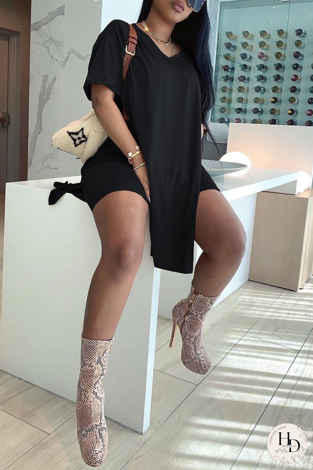 Coffee Fashion Casual Solid Slit V Neck Short Sleeve Two Pieces