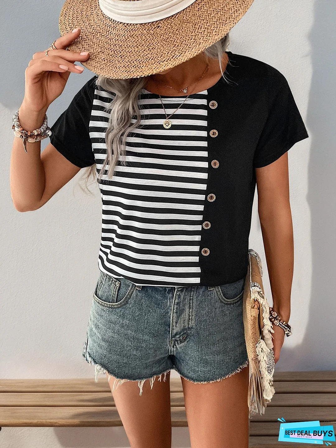 Striped Round Neck Short Sleeve T-Shirt