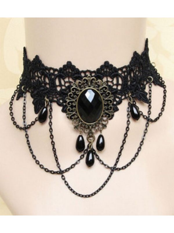Gothic Dark Vintage Floral Gemstone pendant Chains Lace Detachable Collar