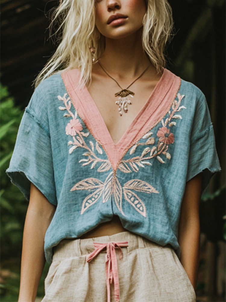 Utbros Women's Vintage Floral Blue And Pink Embroidery V Neck Casual Linen Top