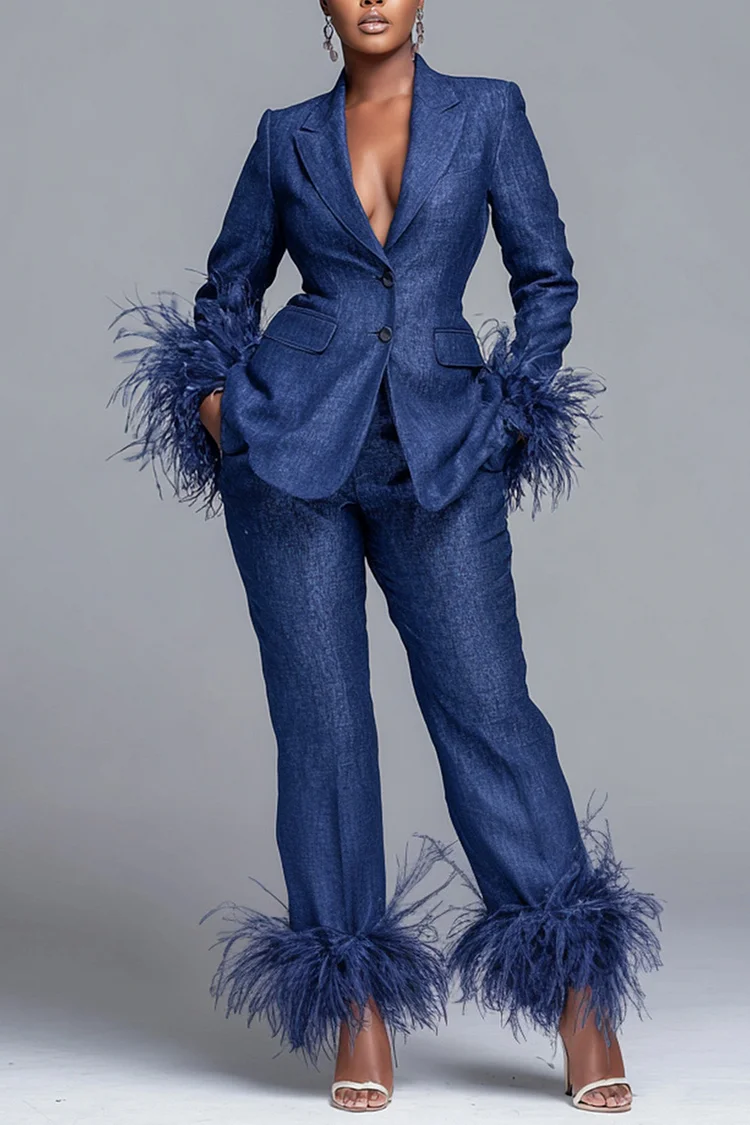 Xpluswear Design Plus Size Formal Blue Lapel Collar Long Sleeve Feather Elegant Tencel Denim Two Piece Pant Suits [Pre-Order]