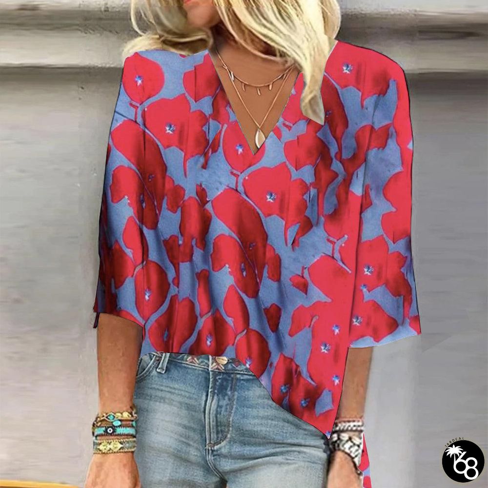 Unique 3/4 Sleeve V-Neck Red Top | 168DEAL