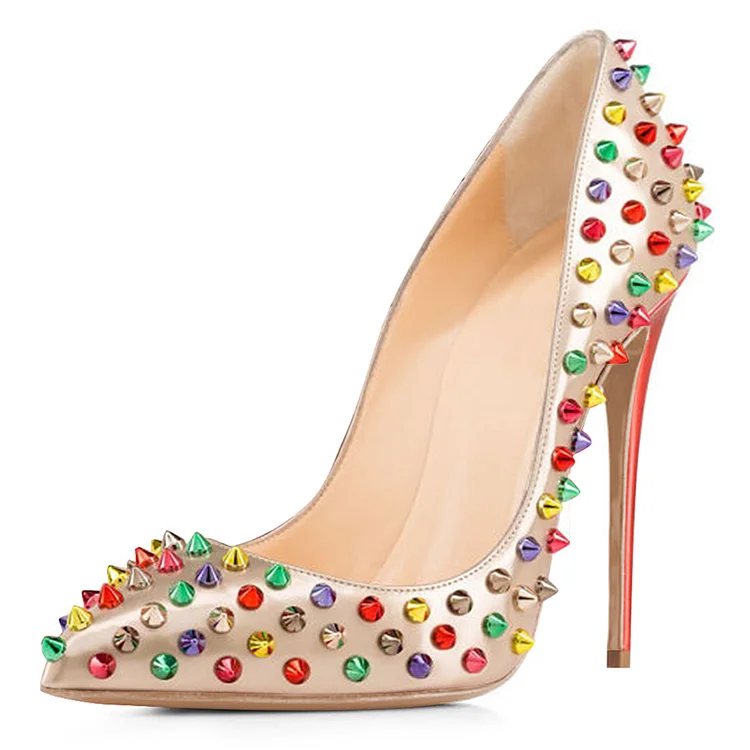 Champagne Pointed Stiletto Heels Women'S Multicolor Rivets Pump Elegant Party Shoes |FSJ Shoes