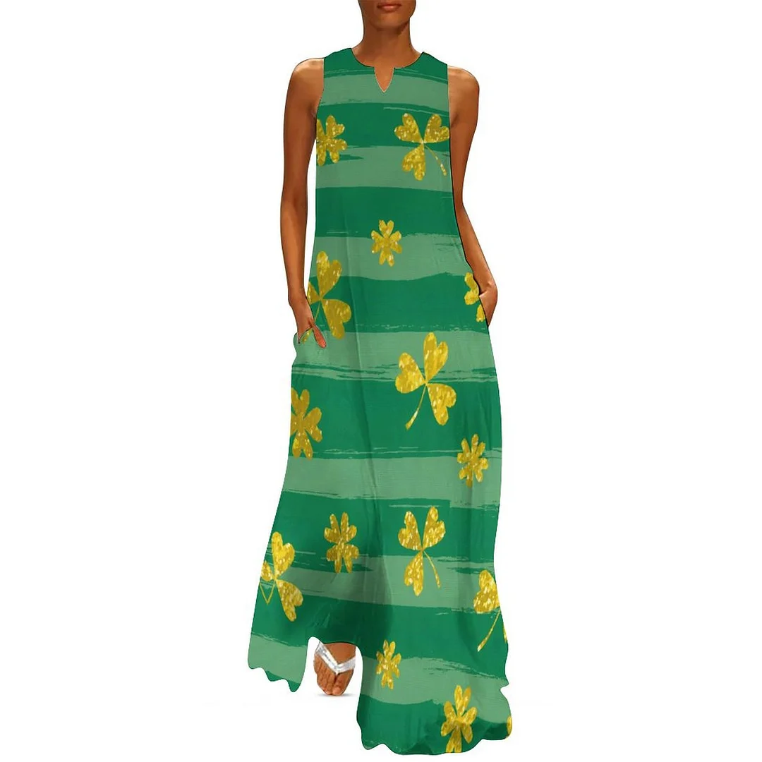 Style & Comfort for Mature Women Plus Size Printed Sleeveless Casual Women Maxi Dress with Pockets in Pattern St. Patrick's Day, Green, Clover, Lucky