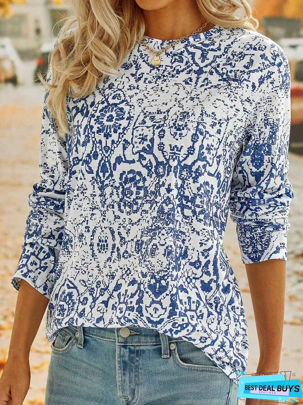 Ethnic Long Sleeve Crew Neck Casual T-Shirt