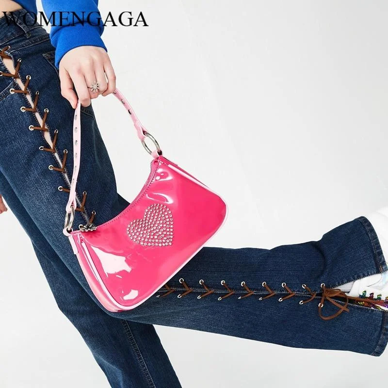 Sweet Girls Cute Kawaii Pink Baguette Bag 90s Vintage Rhinestone Heart Mini Handbag Chic Patent Leather PU Axillary Pouch O008