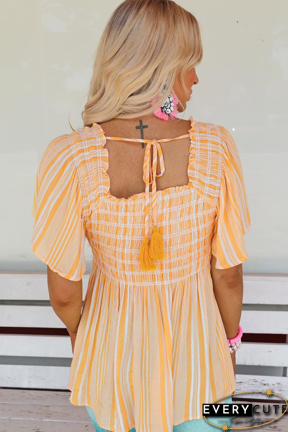 Yellow Striped Print Smocked Flowy Blouse