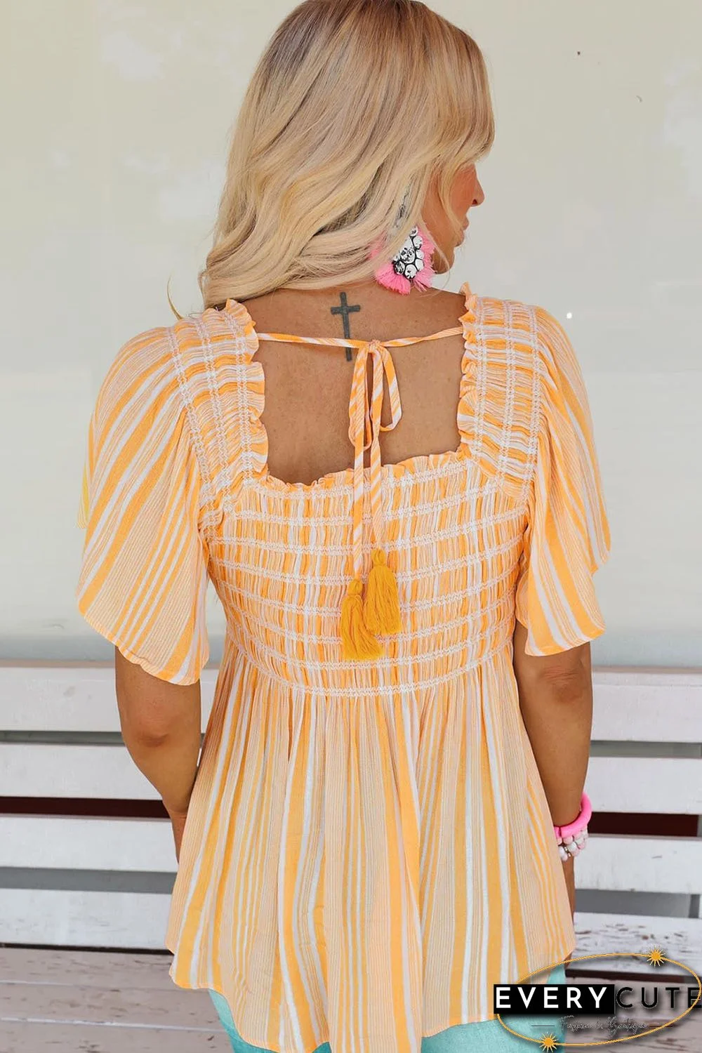 Yellow Striped Print Smocked Flowy Blouse