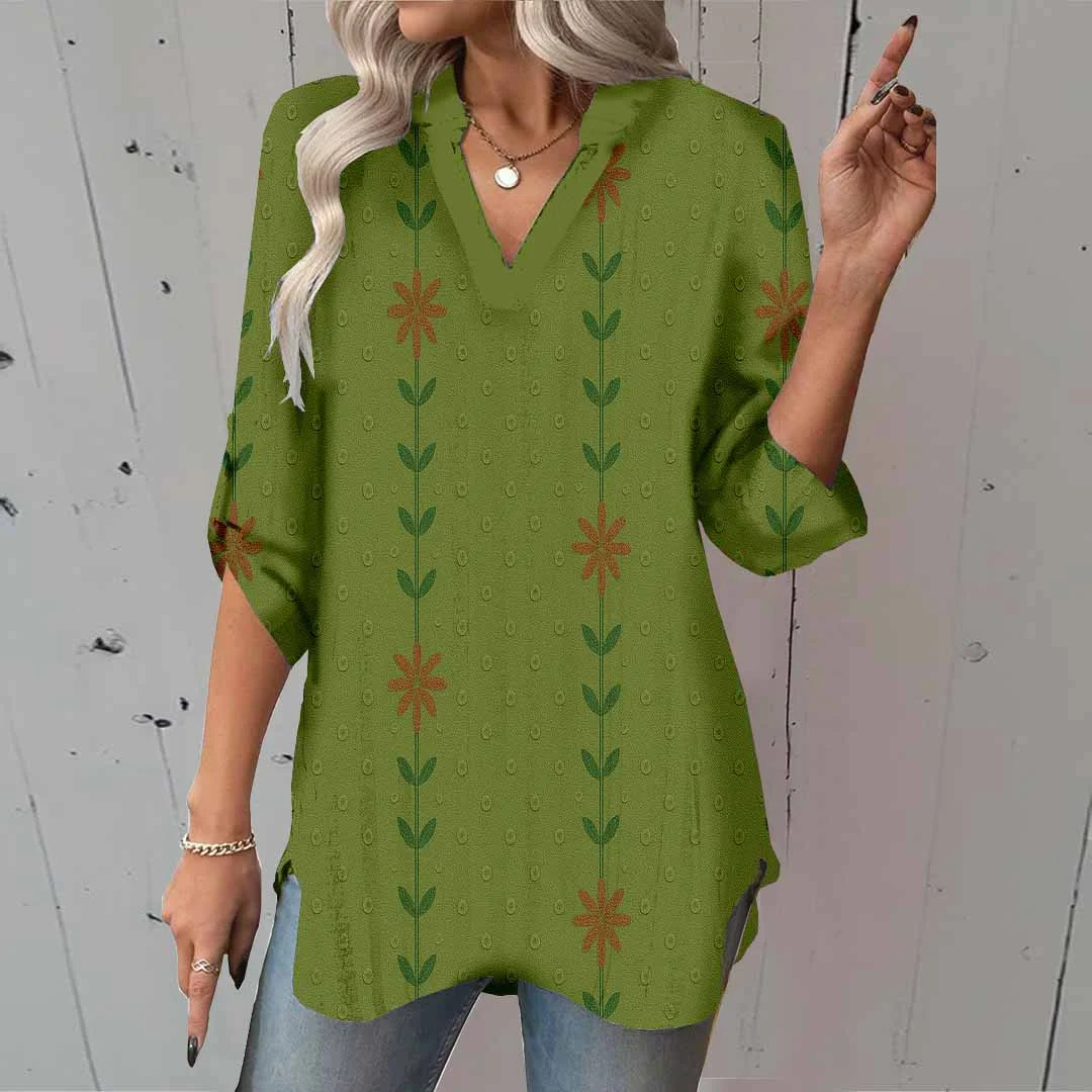 Women Floral,Green,Red DZGA0289 3/4 Sleeve V-neck Printed Graphic Button Tops